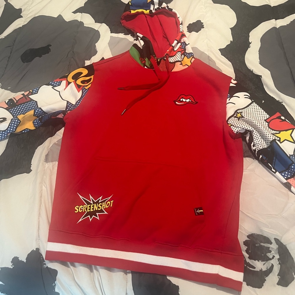 Red Graphic Hoodie with Colorful Sleeves